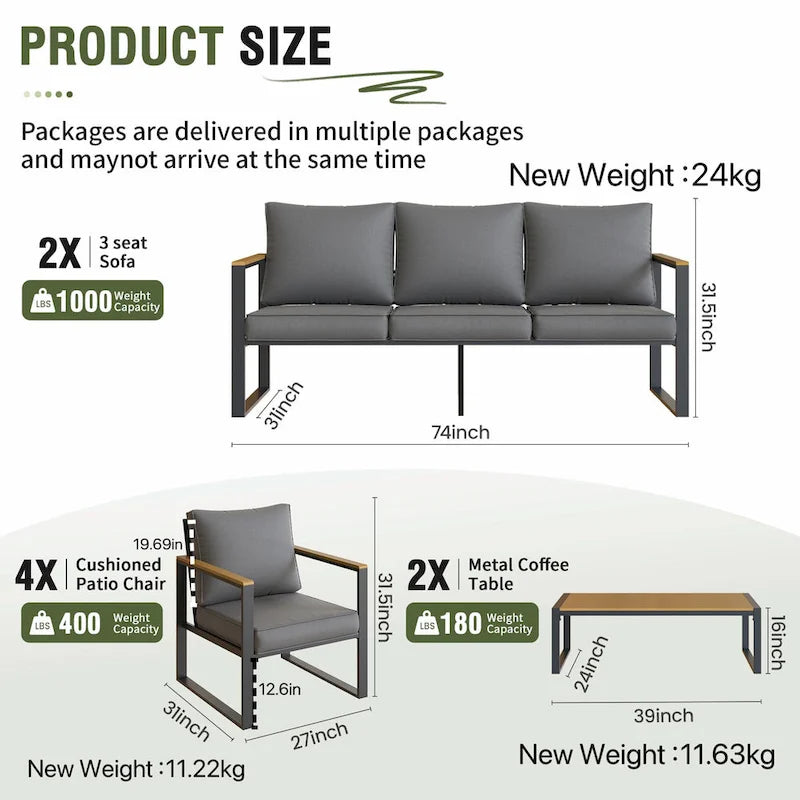 4-Piece Modern Outdoor Sofa Set - Iron Frame with Grey Cushions and Faux Wood Grain Coffee Table