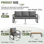 4-Piece Modern Outdoor Sofa Set - Iron Frame with Grey Cushions and Faux Wood Grain Coffee Table
