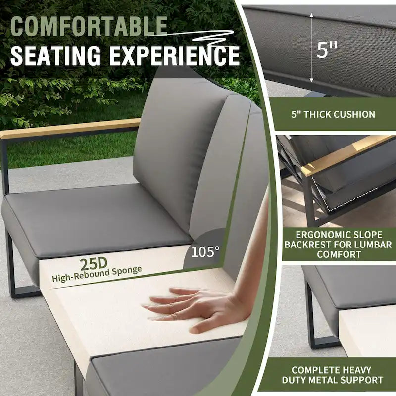4-Piece Modern Outdoor Sofa Set - Iron Frame with Grey Cushions and Faux Wood Grain Coffee Table