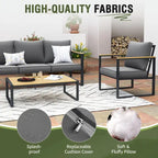 4-Piece Modern Outdoor Sofa Set - Iron Frame with Grey Cushions and Faux Wood Grain Coffee Table
