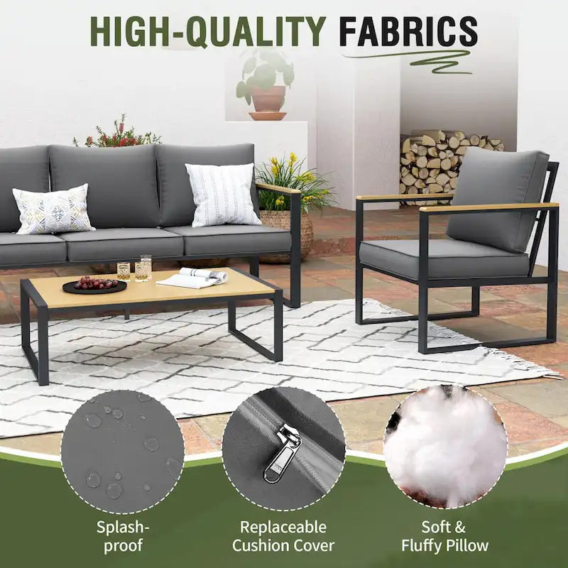 4-Piece Modern Outdoor Sofa Set - Iron Frame with Grey Cushions and Faux Wood Grain Coffee Table