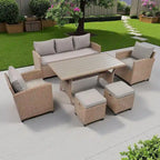 6-Piece Outdoor Patio Rattan Sofa Set with Dining Table, Chair, and Stools