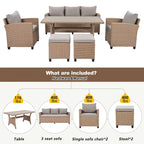 6-Piece Outdoor Patio Rattan Sofa Set with Dining Table, Chair, and Stools