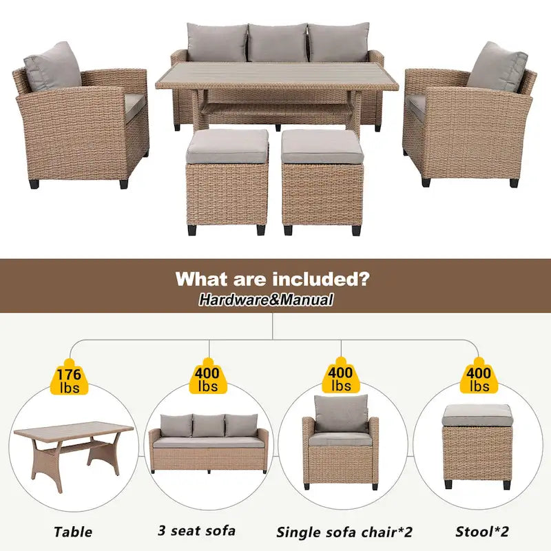 6-Piece Outdoor Patio Rattan Sofa Set with Dining Table, Chair, and Stools