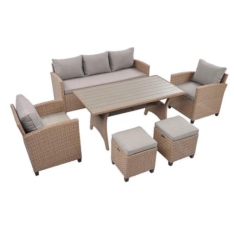 6-Piece Outdoor Patio Rattan Sofa Set with Dining Table, Chair, and Stools
