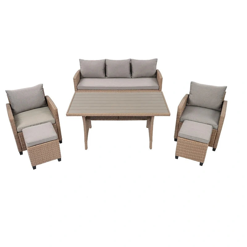 6-Piece Outdoor Patio Rattan Sofa Set with Dining Table, Chair, and Stools