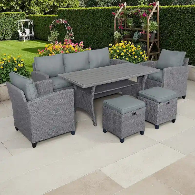 6-Piece Outdoor Patio Rattan Sofa Set with Dining Table, Chair, and Stools