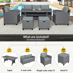 6-Piece Outdoor Patio Rattan Sofa Set with Dining Table, Chair, and Stools