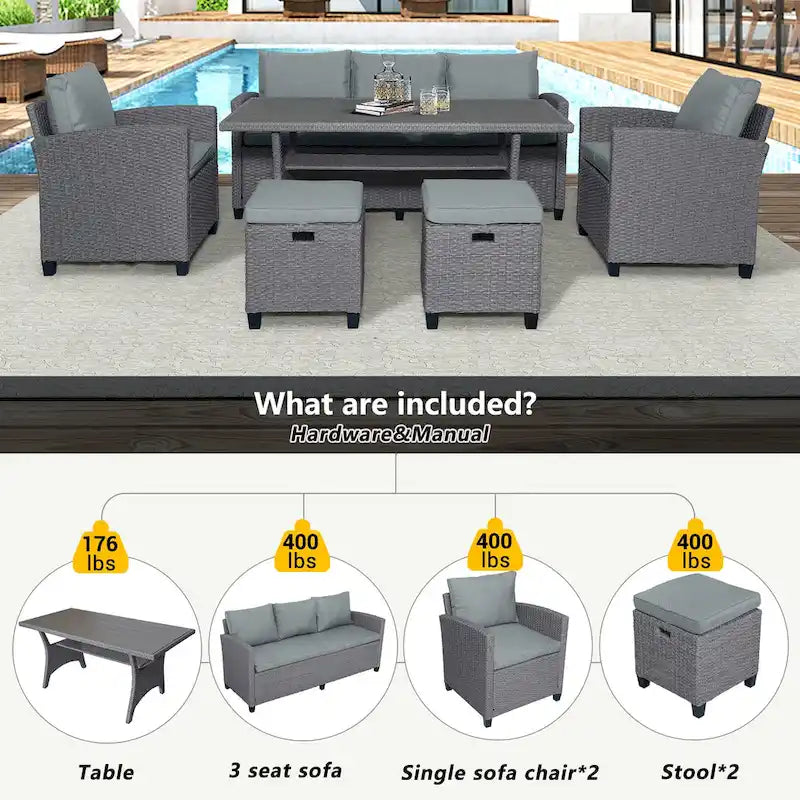 6-Piece Outdoor Patio Rattan Sofa Set with Dining Table, Chair, and Stools