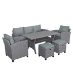 6-Piece Outdoor Patio Rattan Sofa Set with Dining Table, Chair, and Stools