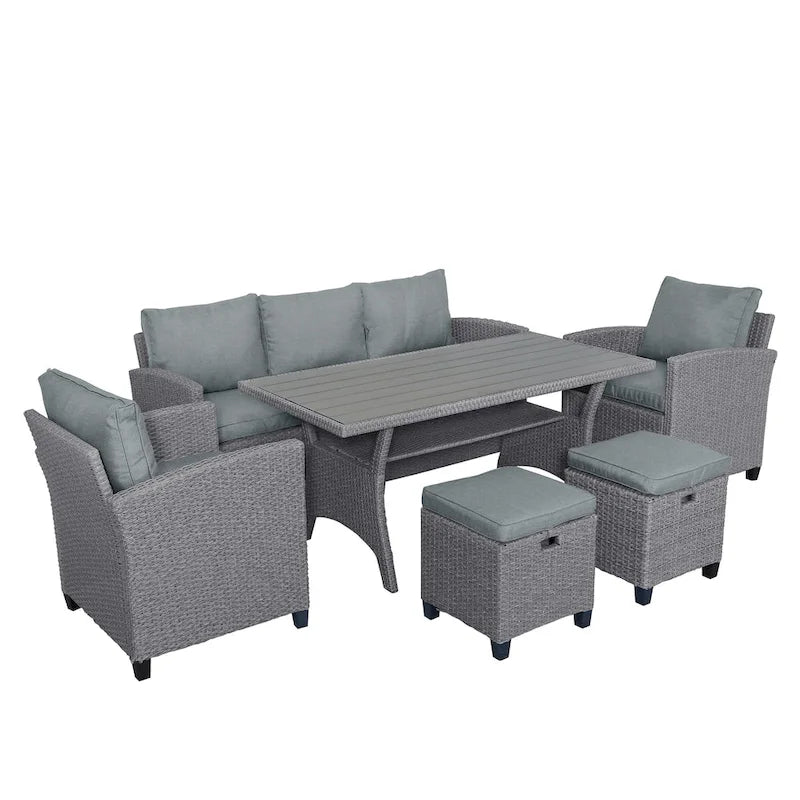 6-Piece Outdoor Patio Rattan Sofa Set with Dining Table, Chair, and Stools
