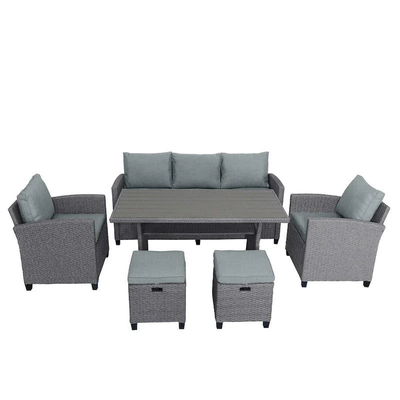 6-Piece Outdoor Patio Rattan Sofa Set with Dining Table, Chair, and Stools