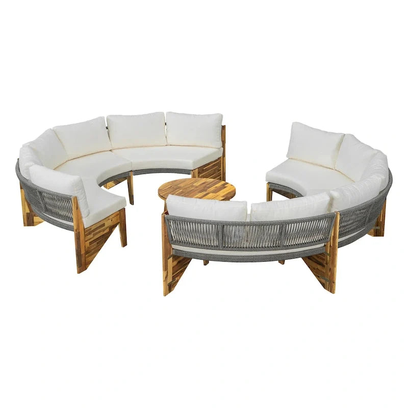 12-Seater Outdoor Acacia Wood Round Sectional Sofa Set with Coffee Table