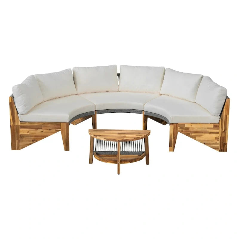 12-Seater Outdoor Acacia Wood Round Sectional Sofa Set with Coffee Table