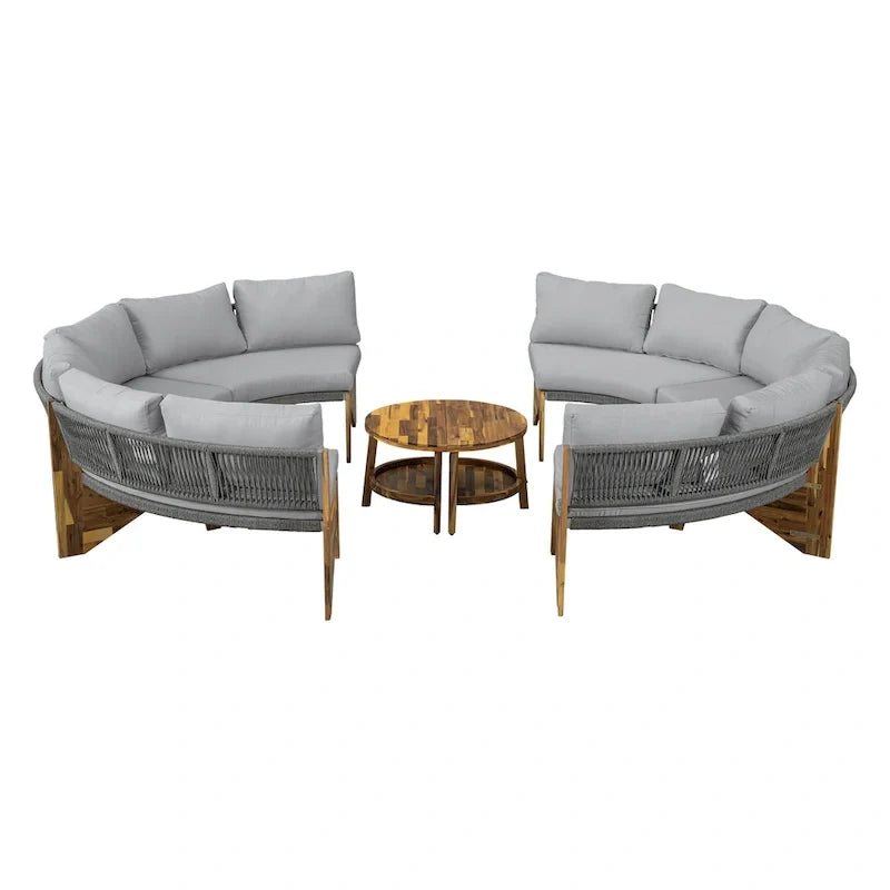 12-Seater Outdoor Acacia Wood Round Sectional Sofa Set with Coffee Table