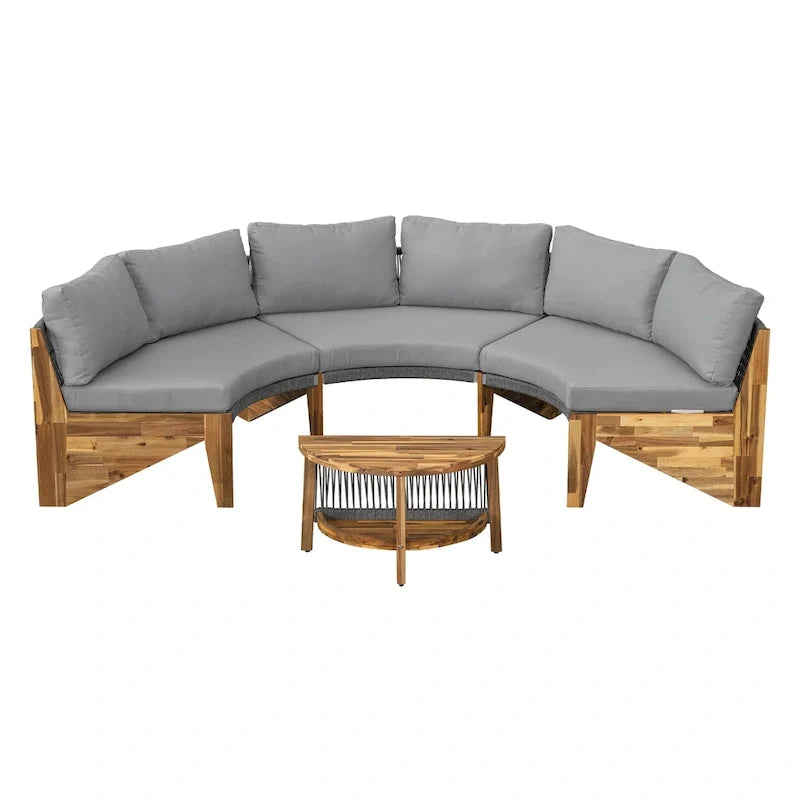 12-Seater Outdoor Acacia Wood Round Sectional Sofa Set with Coffee Table
