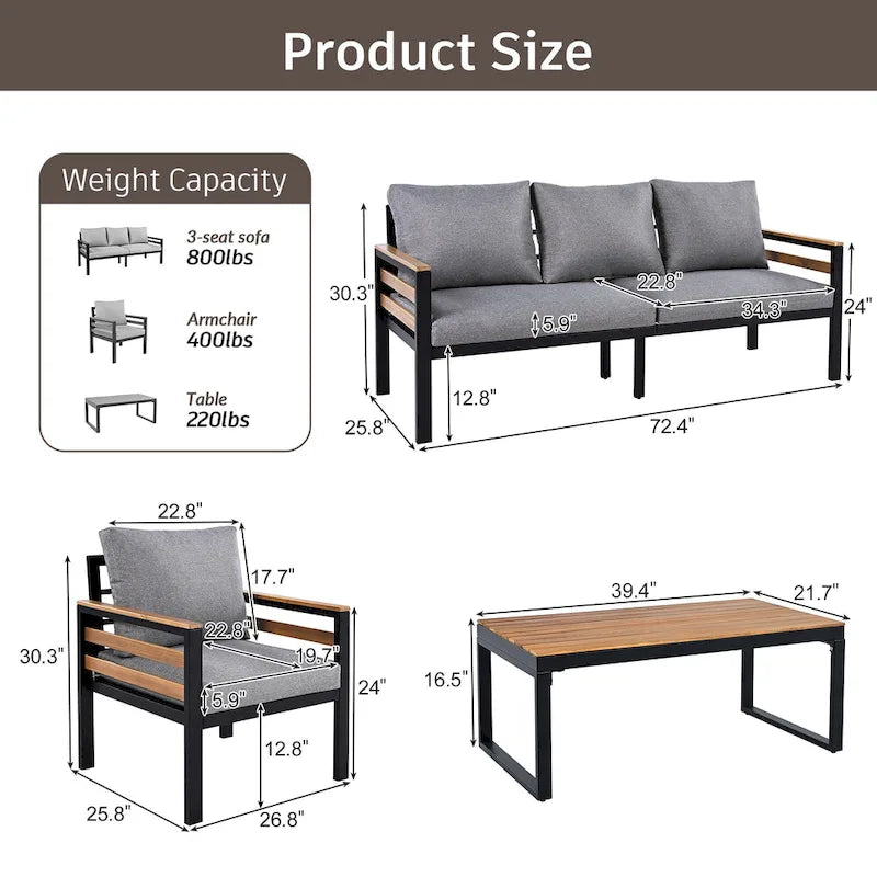 4-Piece Outdoor Sofa Set for 5 with Solid Wood Coffee Table and Removable Cushions
