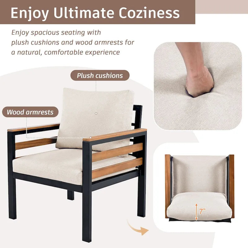 4-Piece Outdoor Sofa Set for 5 with Solid Wood Coffee Table and Removable Cushions