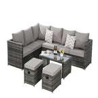 Ensemble de conversation d'extérieur 6 pièces en rotin synthétique tressé résistant aux intempéries avec table en verre, coussins d'assise et oreillers décoratifs