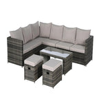6-Piece All Weather Wicker Rattan Outdoor Sofa Conversation Set with Glass Table, Cushions and Pillows
