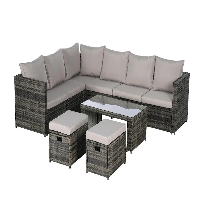 6-Piece All Weather Wicker Rattan Outdoor Sofa Conversation Set with Glass Table, Cushions and Pillows