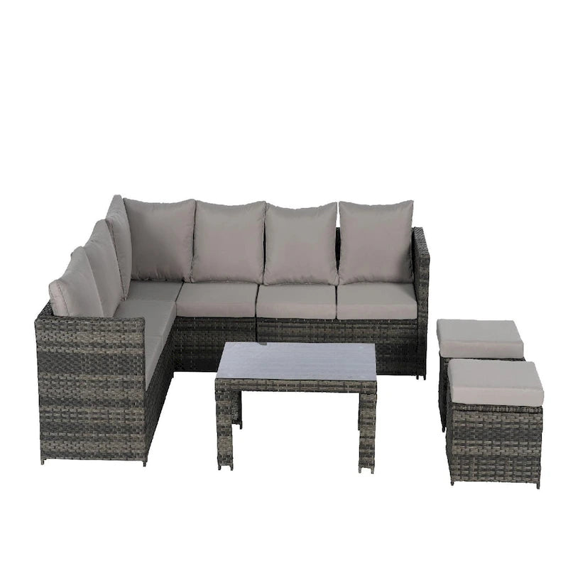 Ensemble de conversation d'extérieur 6 pièces en rotin synthétique tressé résistant aux intempéries avec table en verre, coussins d'assise et oreillers décoratifs