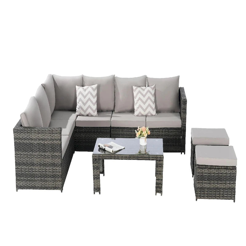 Ensemble de conversation d'extérieur 6 pièces en rotin synthétique tressé résistant aux intempéries avec table en verre, coussins d'assise et oreillers décoratifs