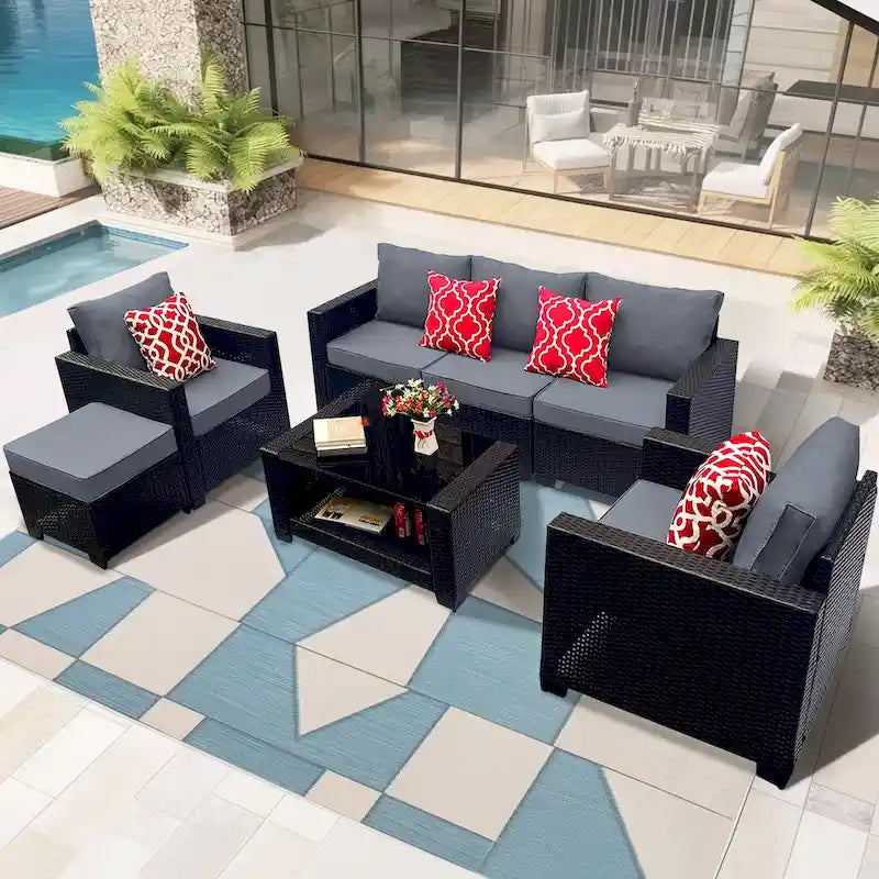 7 Piece Patio Furniture Set, Outdoor PE Rattan Wicker Sectional Sofa Set with 2 Sofa Chairs and Tempered Glass Table