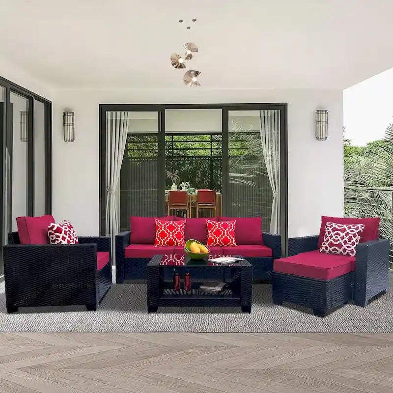 7 Piece Patio Furniture Set, Outdoor PE Rattan Wicker Sectional Sofa Set with 2 Sofa Chairs and Tempered Glass Table