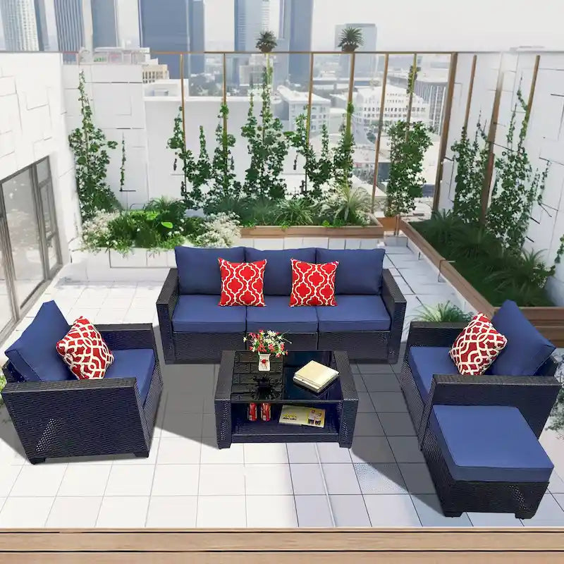 7 Piece Patio Furniture Set, Outdoor PE Rattan Wicker Sectional Sofa Set with 2 Sofa Chairs and Tempered Glass Table