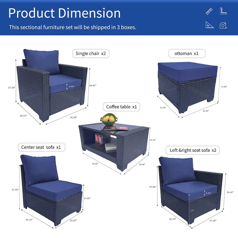 7 Piece Patio Furniture Set, Outdoor PE Rattan Wicker Sectional Sofa Set with 2 Sofa Chairs and Tempered Glass Table