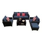 Ensemble de meubles de patio 7 pièces, canapé d'angle d'extérieur en rotin PE avec 2 fauteuils et table en verre trempé
