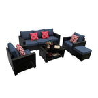 Ensemble de meubles de patio 7 pièces, canapé d'angle d'extérieur en rotin PE avec 2 fauteuils et table en verre trempé