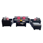 Ensemble de meubles de patio 7 pièces, canapé d'angle d'extérieur en rotin PE avec 2 fauteuils et table en verre trempé