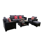 Ensemble de meubles de patio 7 pièces, canapé d'angle d'extérieur en rotin PE avec 2 fauteuils et table en verre trempé