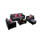Ensemble de meubles de patio 7 pièces, canapé d'angle d'extérieur en rotin PE avec 2 fauteuils et table en verre trempé