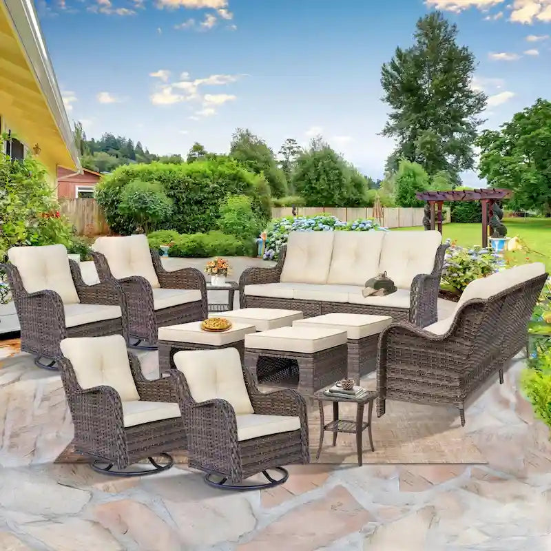 12 Piece Wicker Outdoor Patio Furniture Sets with Swivel Rocker Chairs