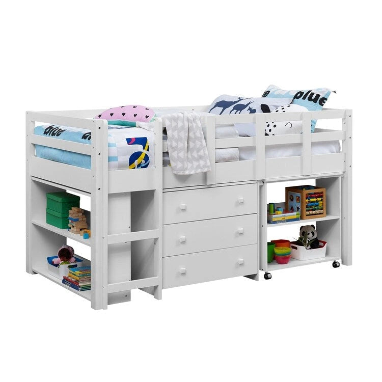 Lit mezzanine simple bas avec bureau et rangement - Lit mezzanine pour enfants en pin avec armoire et espace d'étude