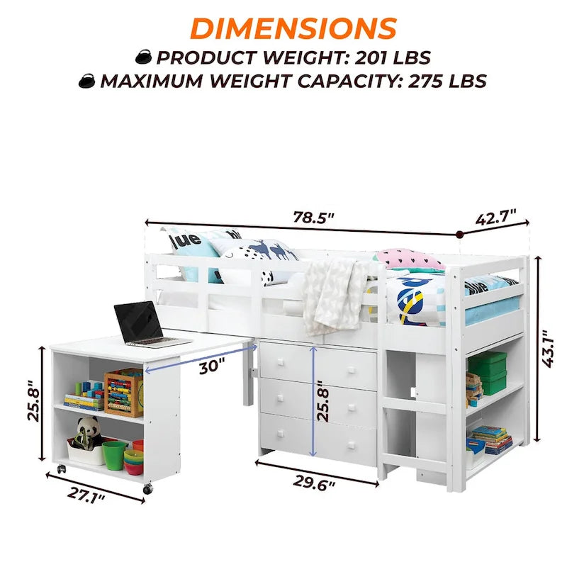 Lit mezzanine simple avec bureau et rangement - Lit mezzanine en pin pour enfants avec armoire et espace d'étude