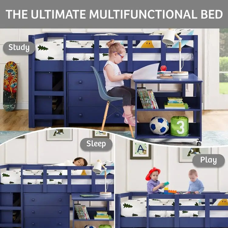 Lit mezzanine simple avec bureau et rangement - Lit mezzanine en pin pour enfants avec armoire et espace d'étude
