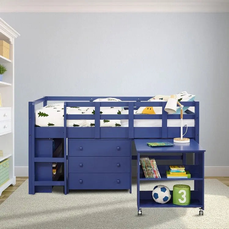 Lit mezzanine simple avec bureau et rangement - Lit mezzanine en pin pour enfants avec armoire et espace d'étude