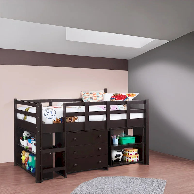 Lit mezzanine simple avec bureau et rangement - Lit mezzanine en pin pour enfants avec armoire et espace d'étude