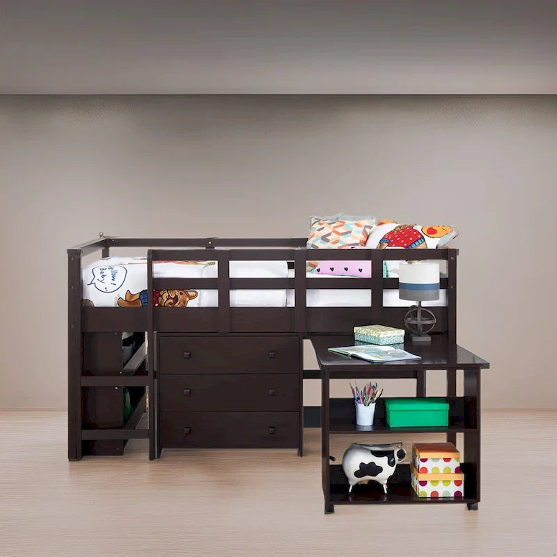 Lit mezzanine simple avec bureau et rangement - Lit mezzanine en pin pour enfants avec armoire et espace d'étude