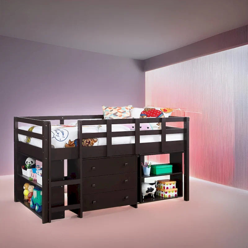 Lit mezzanine simple avec bureau et rangement - Lit mezzanine en pin pour enfants avec armoire et espace d'étude