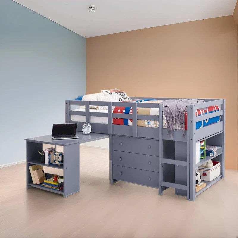 Lit mezzanine simple avec bureau et rangement - Lit mezzanine en pin pour enfants avec armoire et espace d'étude