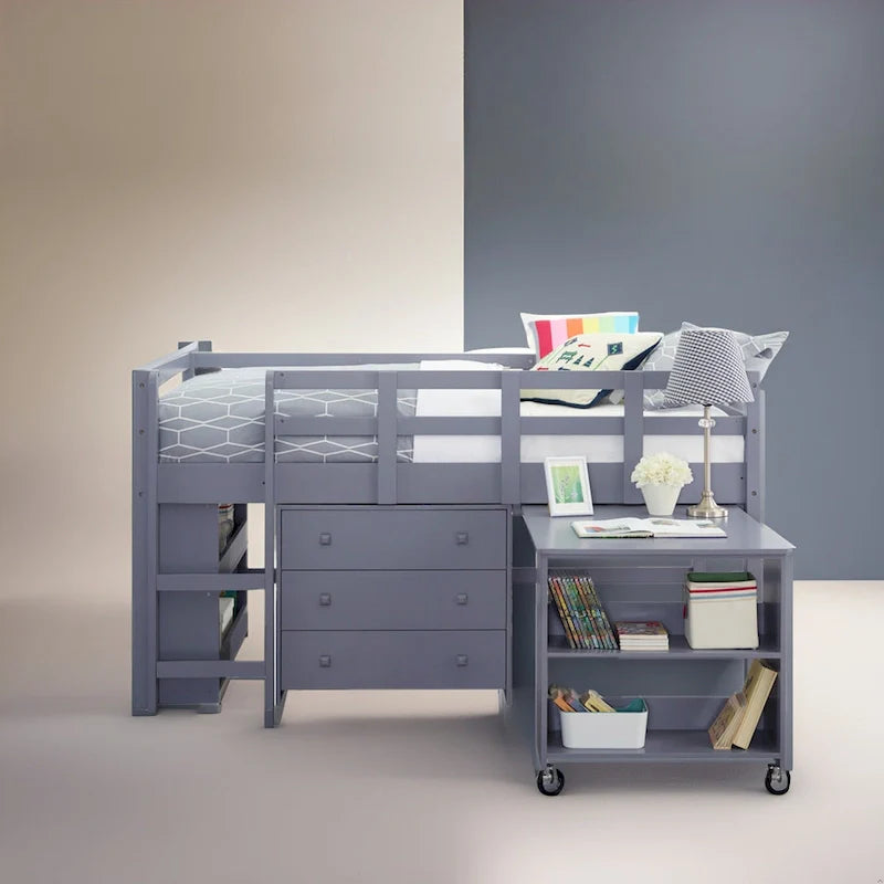 Lit mezzanine simple avec bureau et rangement - Lit mezzanine en pin pour enfants avec armoire et espace d'étude