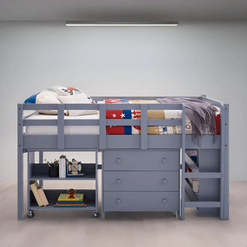 Lit mezzanine simple avec bureau et rangement - Lit mezzanine en pin pour enfants avec armoire et espace d'étude