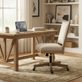 Swivel Rolling Office Chair, Beige Fabric, Weathered Light Brown Wood