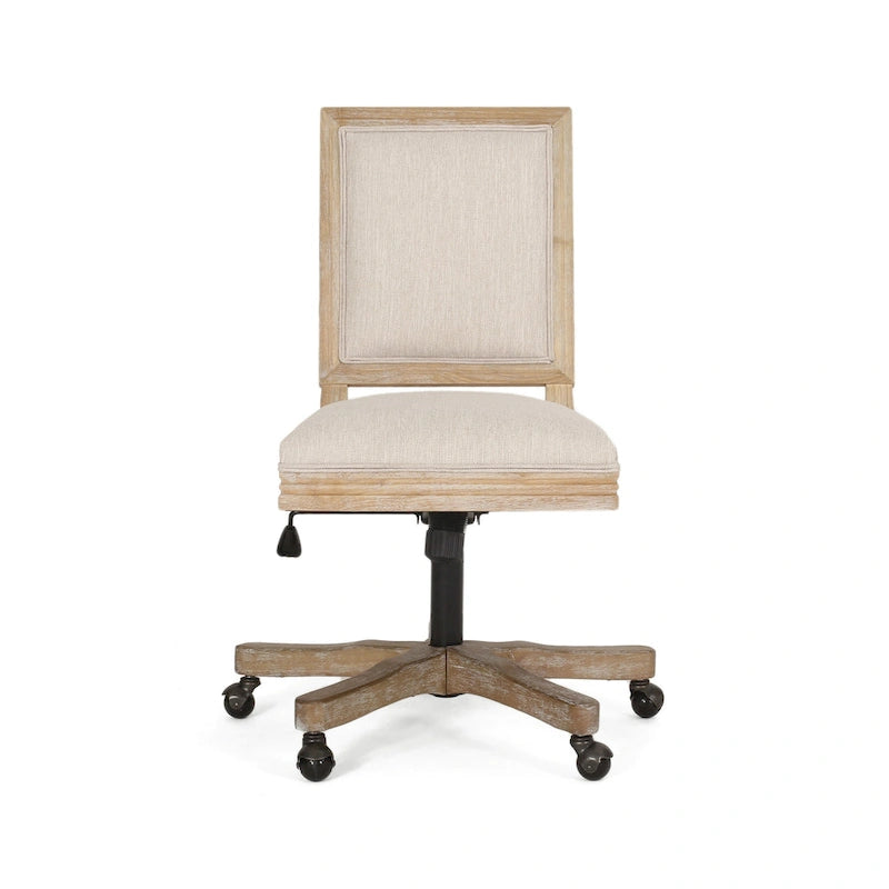 Chaise de bureau pivotante à roulettes, tissu beige, bois clair vieilli