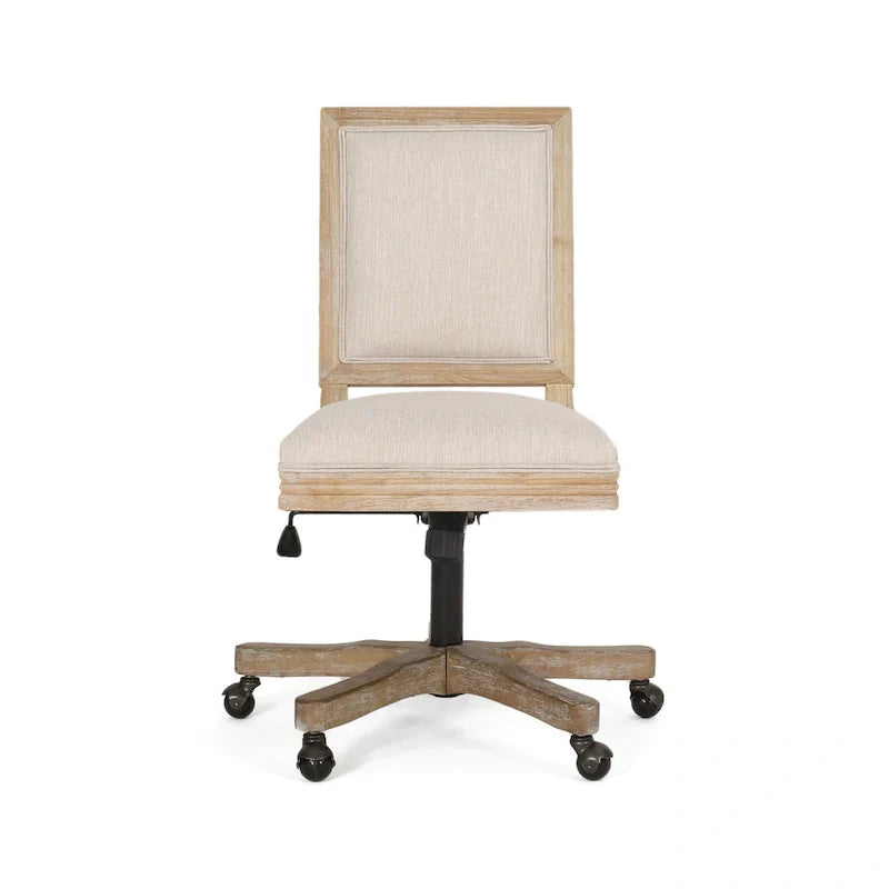 Chaise de bureau pivotante à roulettes, tissu beige, bois marron clair vieilli